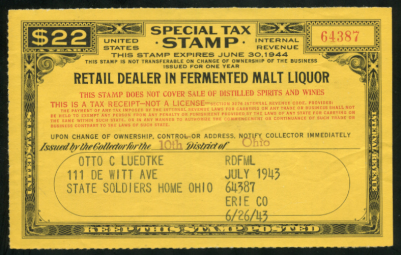 Retail Dealer in Fermented Malt Liquor F.Y.E. 1944 $22 black & red (orange s.c.) VF light creases