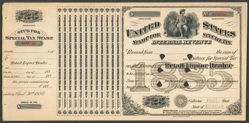 Retail Liquor Dealer 1885 $25 punched remainder, VF