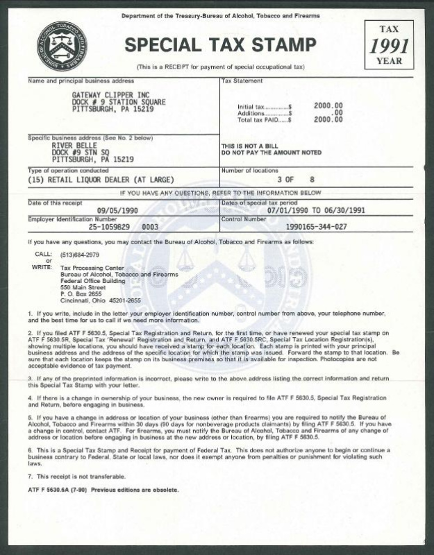 Retail Dealer in Liquors At Large F.Y.E. 1991 $250 black & light blue issued to Gateway Clipper, Inc. River Belle, VF