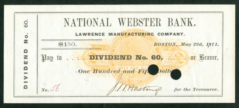 RN-C21 Boston, Massachusetts. National Webster Bank Lawrence Manufacturing Company No. 60 $150