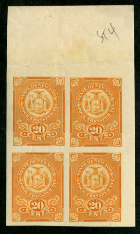 NY ST3a imperforate block of four on white paper, top sheet margin, mint, VF crease in top margin