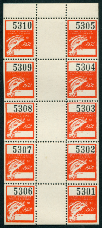 UT Fishing License 7 booklet pane of 10, mint, NH, VF