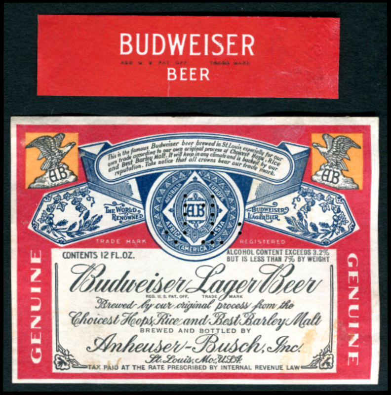 Anheuser-Busch, Inc. St. Louis, Missouri. Budweiser Lager Beer. 12 oz. Alcohol content exceeds 3.2% but is less than 7% by weight. IRTP. Bottle and neck labels. Used, VF small flaws