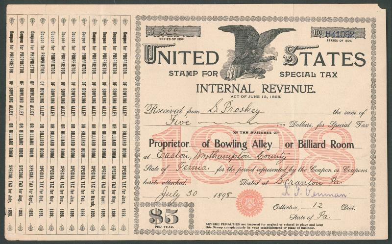 Proprietor of Bowling Alley or Billiard Room 1898 $5 black & red, issued for 12 months, VF small margin faults