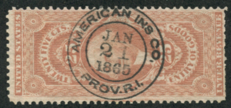 American Insurance Co. A-28, R45c bold black SON cds, F short perfs