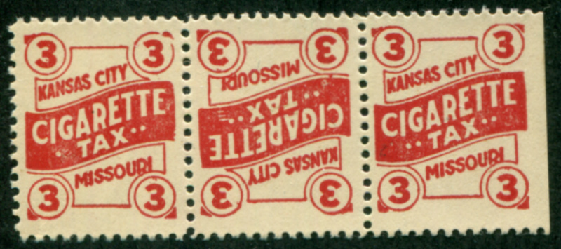 MO KC-C5a Kansas City Cigarettes, horizontal tete-beche strip of three, mint, F-VF