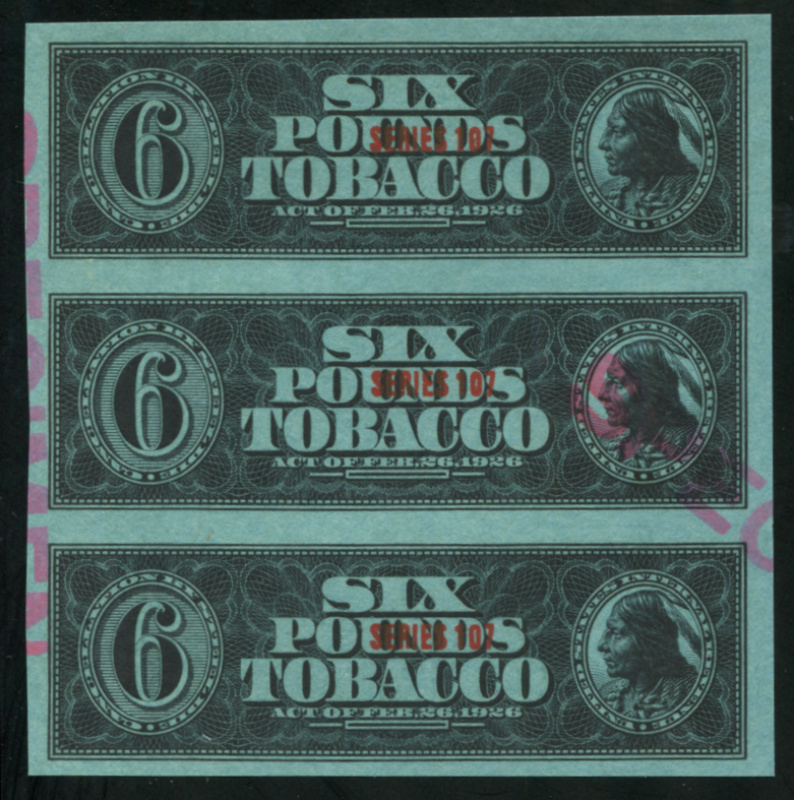 TF456S vertical strip of three, two partial pink SPECIMEN overprints, XF