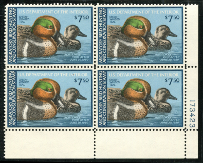 RW46 bottom right plate No. 173423 block of four, mint, NH, VF