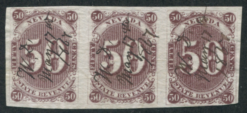 NV D8b horizontal strip of three, used, F-VF light creases