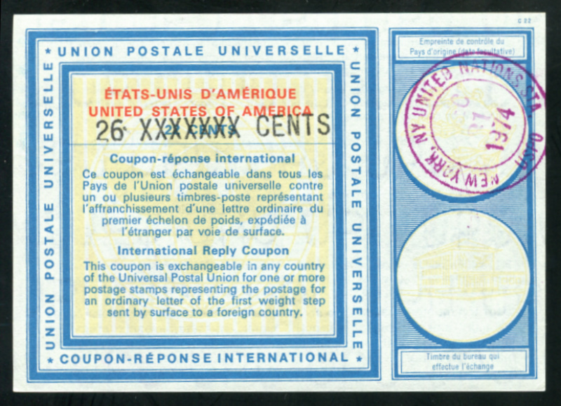 IRC21 26 XXXXXXX CENTS black h/s, United Nations Sta., New York, N.Y. VF