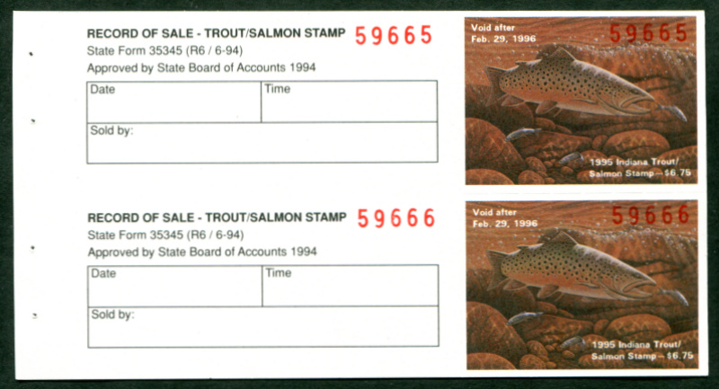 IN Trout 46 booklet pane of two, mint, NH, VF
