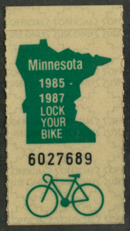 MN Bicycle Registration 1985-87, mint, VF