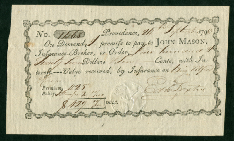 RM189 Promissory note payable to John Mason, Insurance Broker, part-printed form. Providence, Rhode Island. 1798. Sharp strike, VF