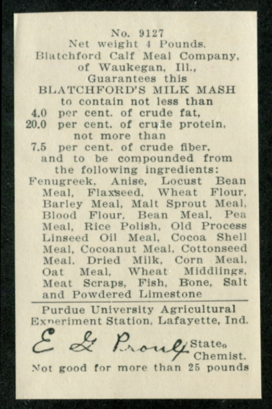 IN FE12 Blatchford's Milk Mash. Blatchford Calf Meal Co. Waukegan, Ill. Mint, VF