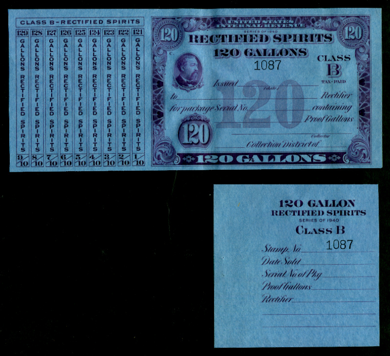 Rectified Spirits Series of 1940 Class B, 120 gallons purple, mint, VF stub is separated