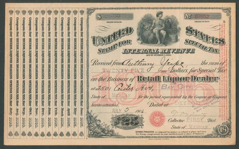 Retail Liquor Dealer 1906 $25 black & red VF tack holes, creases