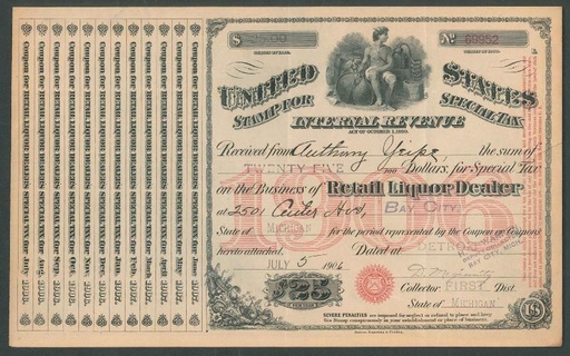 Retail Liquor Dealer 1906 $25 black & red VF tack holes, creases