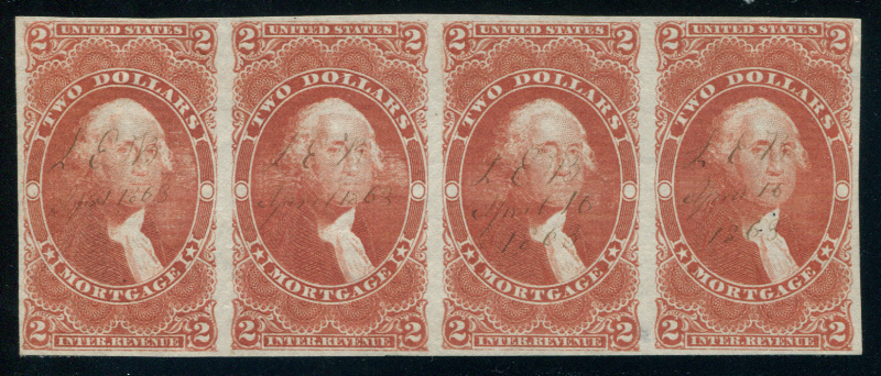 R82a horizontal strip of four, VF small thin spot at bottom between the third and fourth stamps