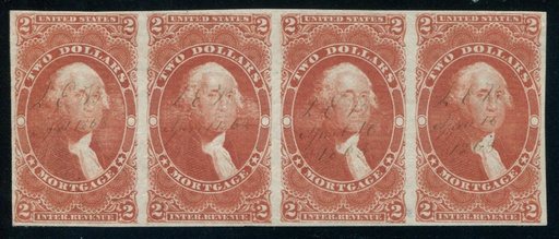 R82a horizontal strip of four, VF small thin spot at bottom between the third and fourth stamps