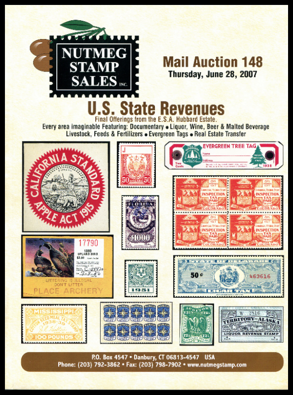 Nutmeg Stamp Sales. U.S. State Revenues, Final Offerings from the E.S.A. Hubbard Estate. Sale 148