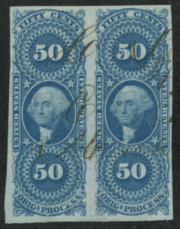 R60a horizontal pair, pos. 2-3, ms. cancel, VF tiny abrasions
