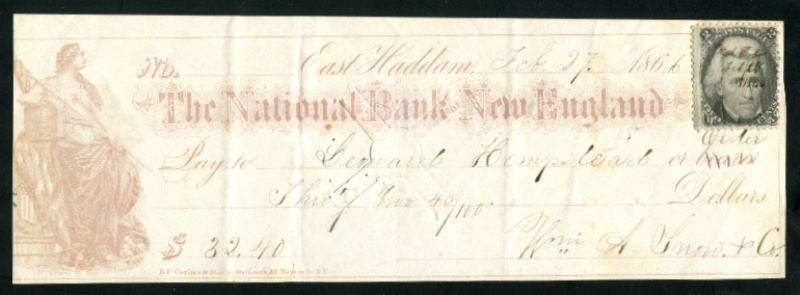 73 ms. cancel on The National Bank of New England bank check. East Haddam, Conn. 1866. F-VF