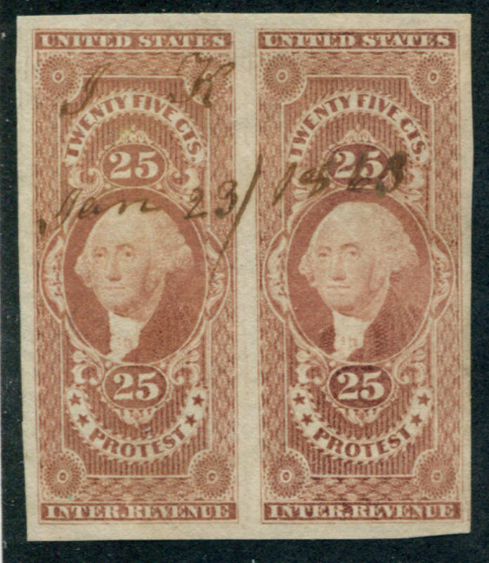 R49a horizontal pair, neat ms cancel, VF faint vertical crease between stamps, PF Certificate