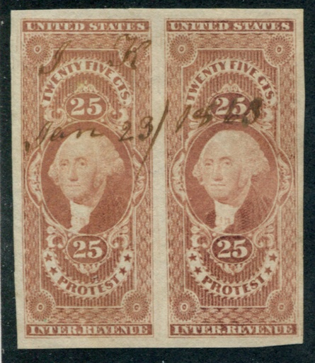 R49a horizontal pair, neat ms cancel, VF faint vertical crease between stamps, PF Certificate