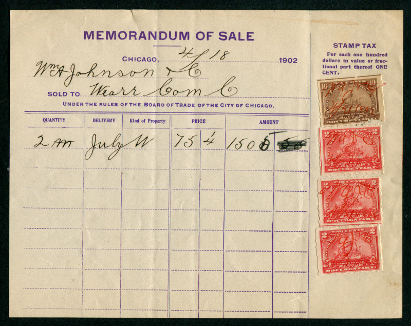 R164 & R168 W.R. Mumford Co. broker's memo. Chicago, Ill. 1902. Stamps tied by violet h/s cancel. VF