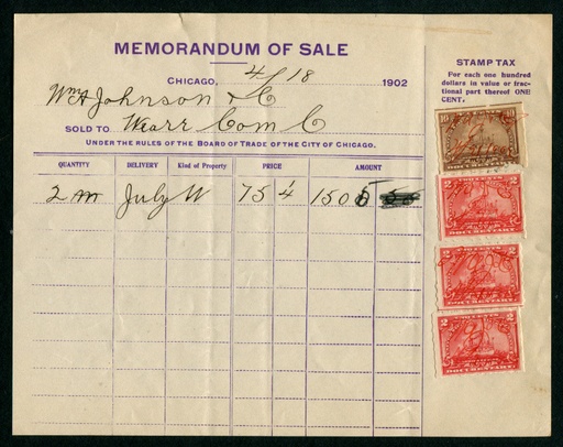 R164 & R168 W.R. Mumford Co. broker's memo. Chicago, Ill. 1902. Stamps tied by violet h/s cancel. VF