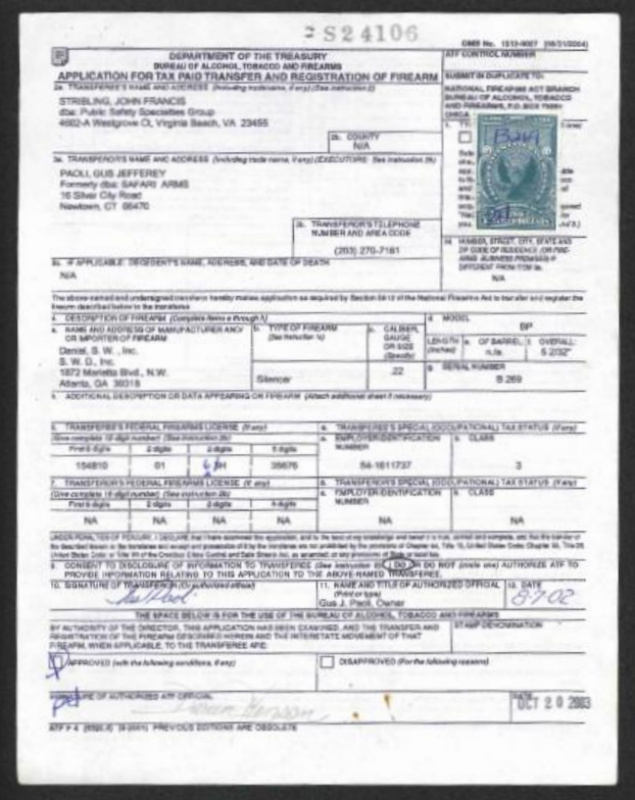 RY8 Application for Tax Paid Transfer and Registration of Firearm for a Silencer. 2003. VF