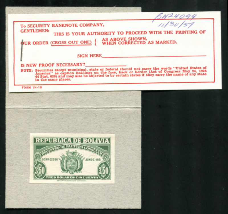 BOLIVIA Consular Invoice Fee die proof
