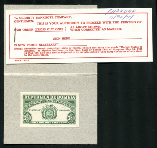 BOLIVIA Consular Invoice Fee die proof