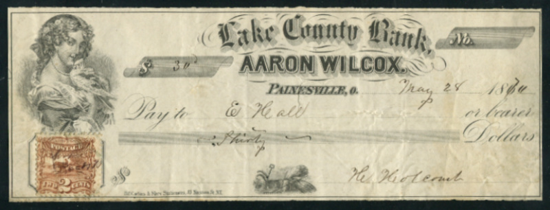 113 Lake County Bank, Aaron Wilcox bank check. Painesville, Ohio. 1870. VF stamp has a crease