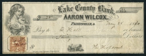 113 Lake County Bank, Aaron Wilcox bank check. Painesville, Ohio. 1870. VF stamp has a crease