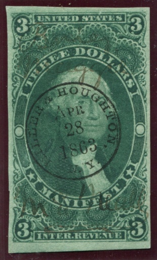 R86a MILLER & HOUGHTON, N.Y. black SON cds, VF tiny margin tear at left, PF Certificate