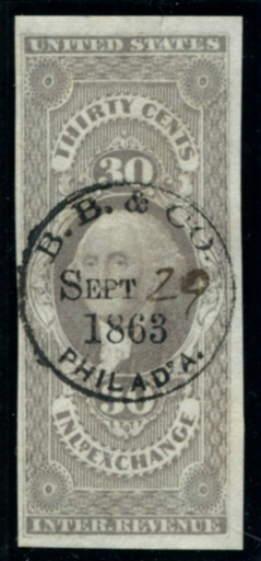 R52a B.B. & CO. PHILAD'A. (Brown Brothers & Co.) black SON cds, VF sealed tear at top