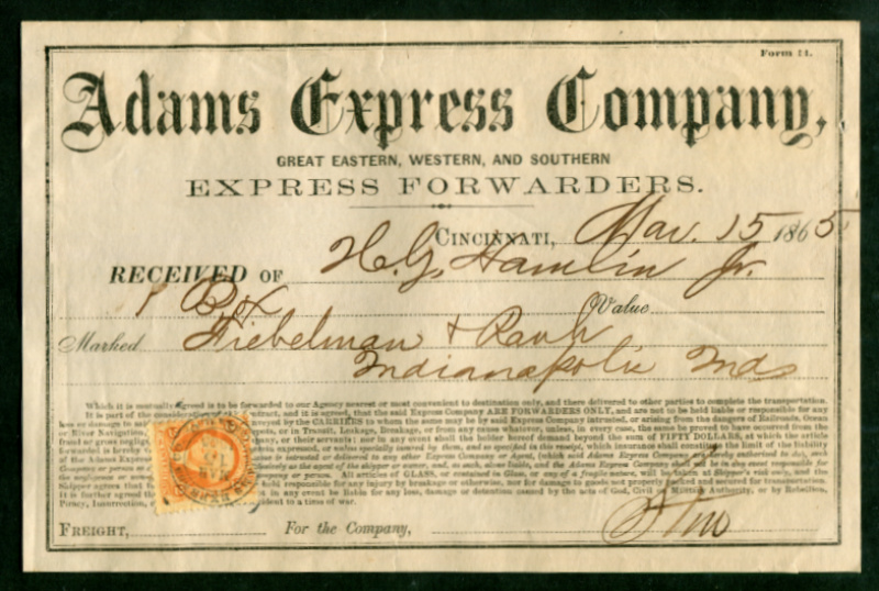 Adams Express Company. Cincinnati, Ohio. R15c Great Eastern, Western, and Southern Express Forwarders bill of lading. 1865. Black SON cds ties stamp. VF minor flaws