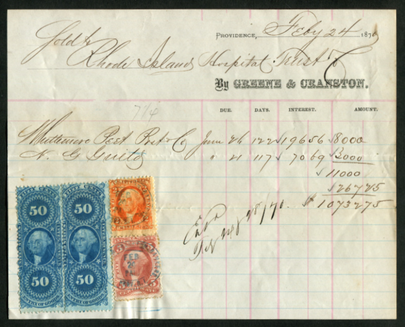 R55c, R15c & R24c Greene & Cranston brokers memo for the sale of securities. Providence, Rhode Island. 1870. Stamps tied by blue oval h/s cancels. VF