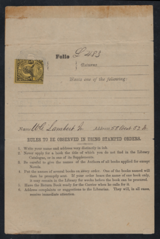 105L2 affixed to Mercantile Library folio form printed on the back of a 2c Jackson wrapper (W57), F small faults in wrapper
