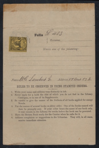 105L2 affixed to Mercantile Library folio form printed on the back of a 2c Jackson wrapper (W57), F small faults in wrapper