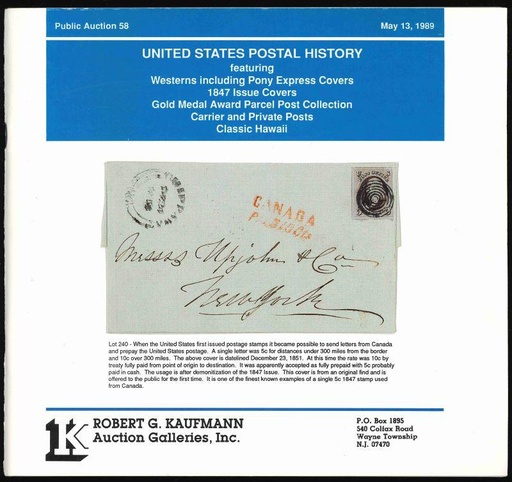 Robert G. Kaufmann Auction Galleries. United States Postal History